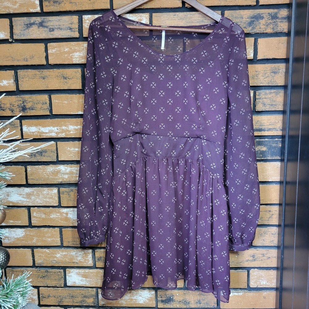 FREE PEOPLE fully lined mini dress tunic bell sleeves burgundy‎ size s